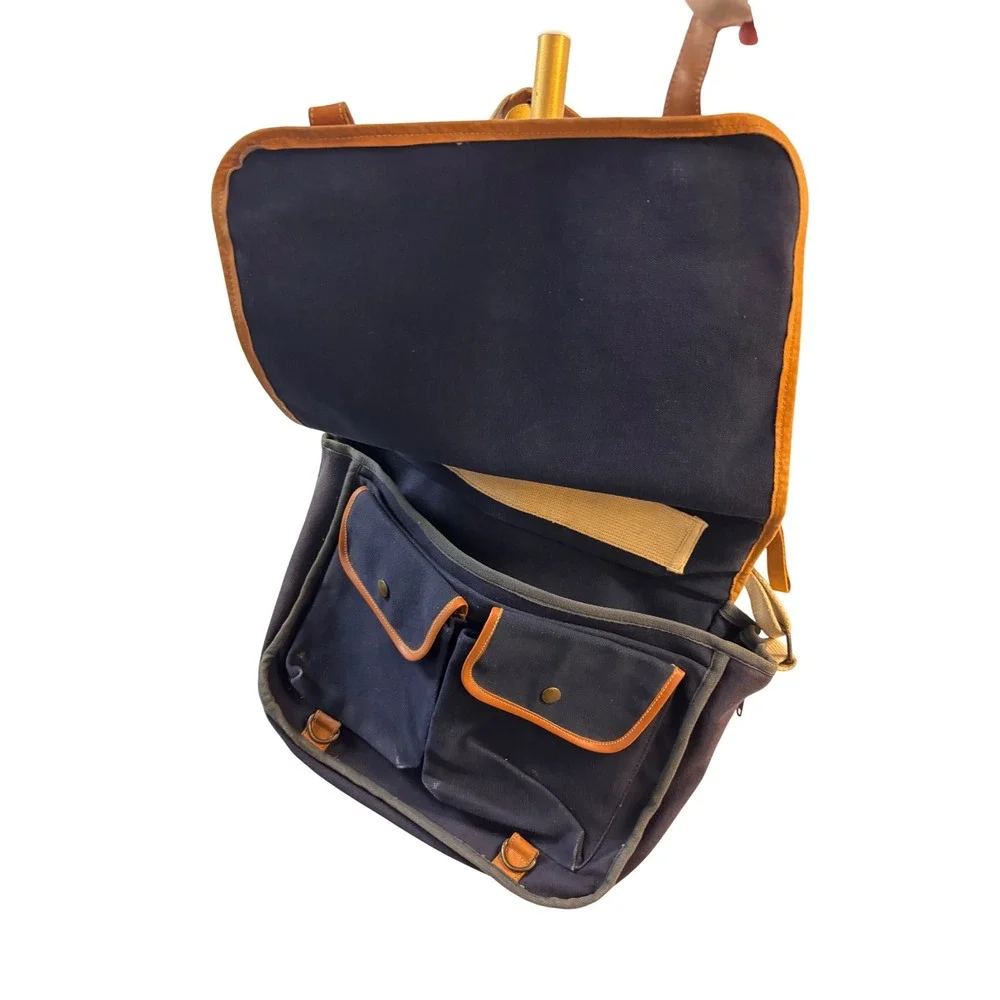 GH Bass & Co Canvas Messenger Bag Navy Blue Leather Trim Vintage Faded Satchel
